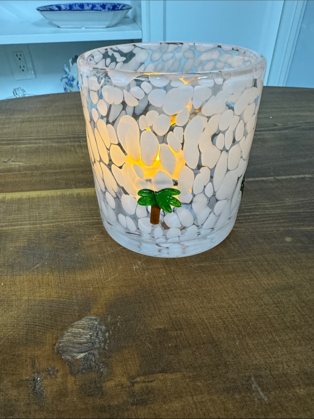 Stanley White Speckled Glass Votive with Green Palm Accent